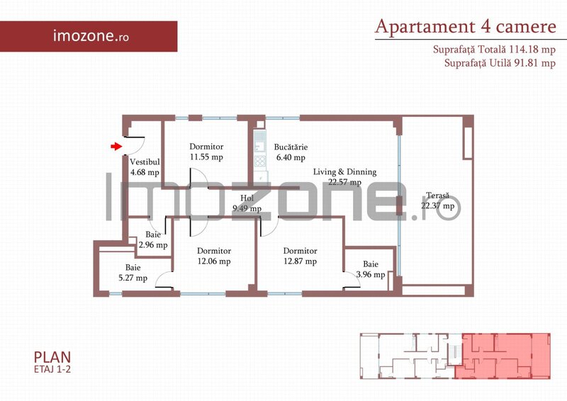 Cartierul Militari, 4 camere cu terasa de 22 mp, 3 bai, etaj 1/3, finisat modern, comision 0%.